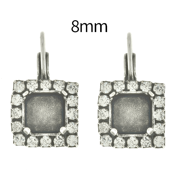 8mm Imperial SW4480 Square Lever Back Earring bases with SW Rhinestones